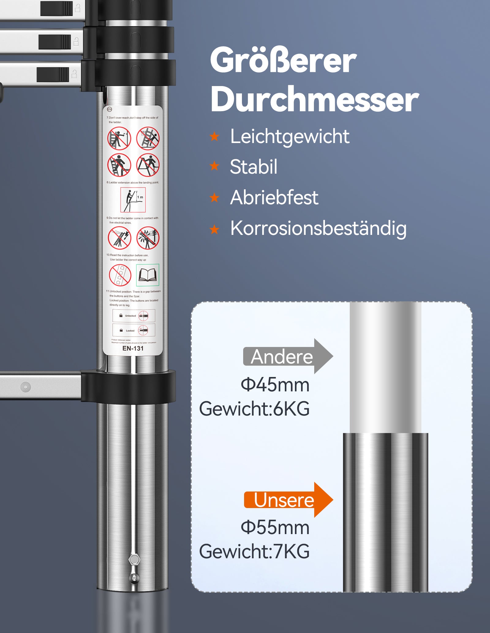 TECKNET Teleskopleiter, Aluminiumausfahrleitern mit Stabilisierungsstange, maximale Traglast 150 kg / 330 lbs
