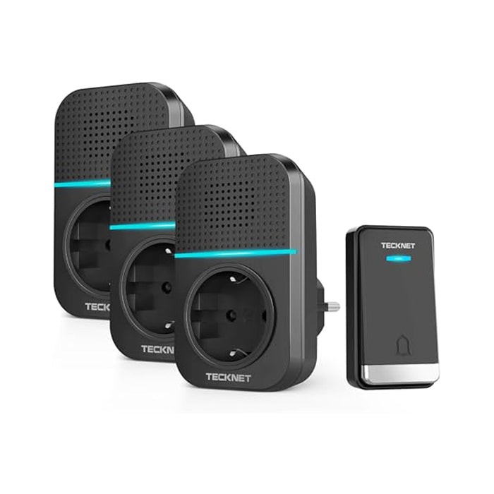 TECKNET Kabellose Türklingel Batterielose, Steckdosen-Funkklingel Wasserdicht Drahtloses Funk Türklingel mit 3 EU-Steckdose und 1 Sender