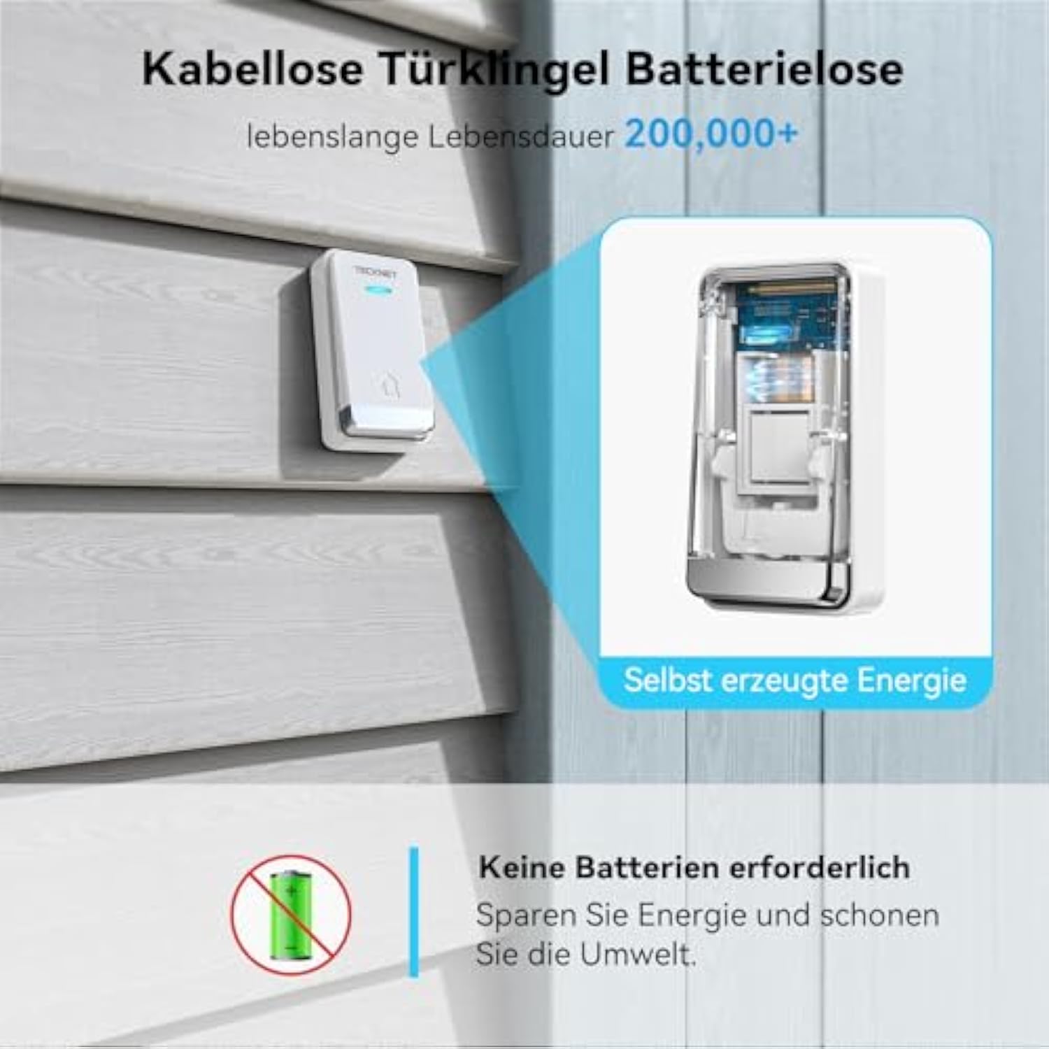 TECKNET Kabellose Türklingel Batterielose, Steckdosen-Funkklingel Wasserdicht Drahtloses Funk Türklingel mit 3 EU-Steckdose und 1 Sender