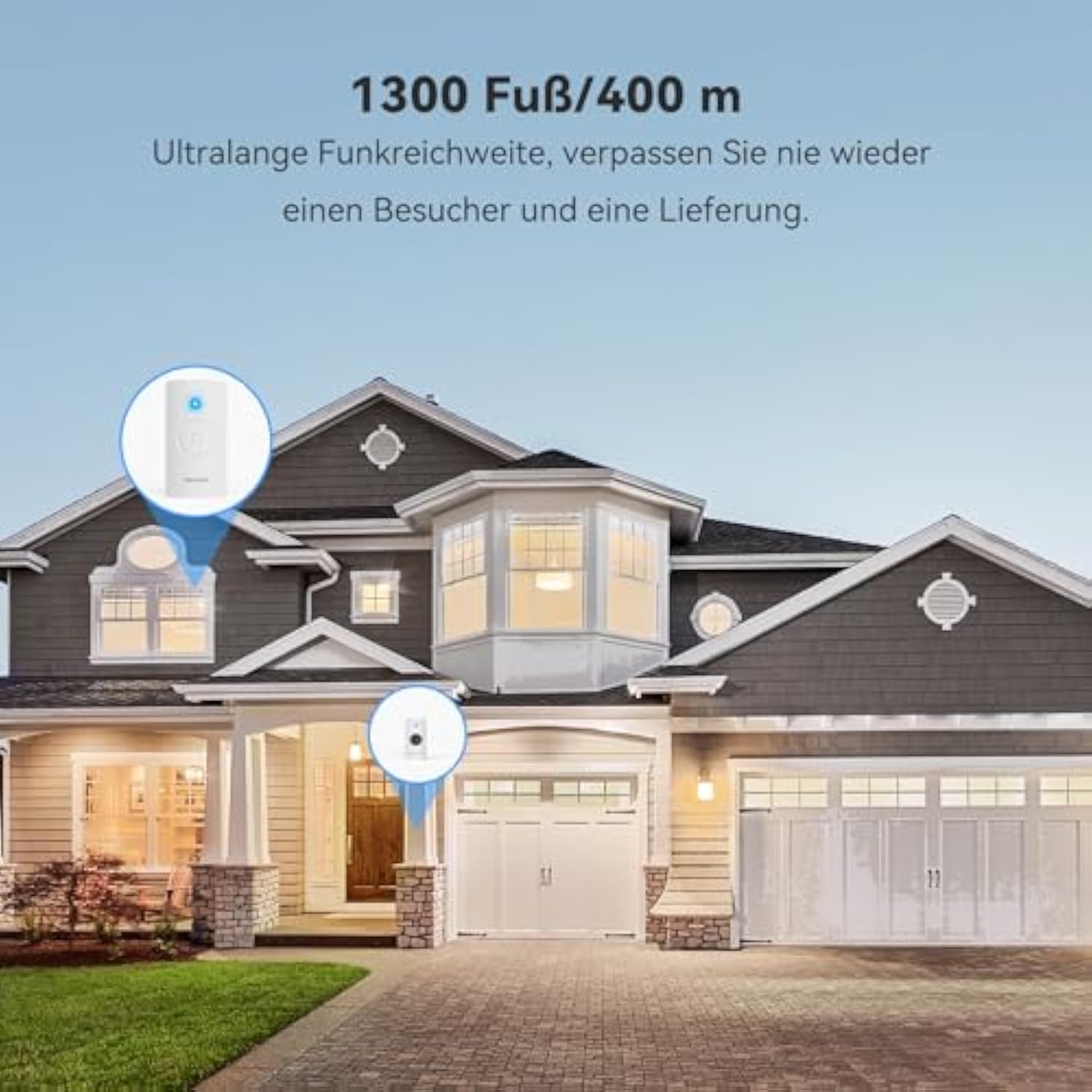 TECKNET Funkklingel, 400m Reichweite IP67 Funkklingel aussen wasserdicht, Funkklingel Batteriebetrieben mit 2 Empfängern