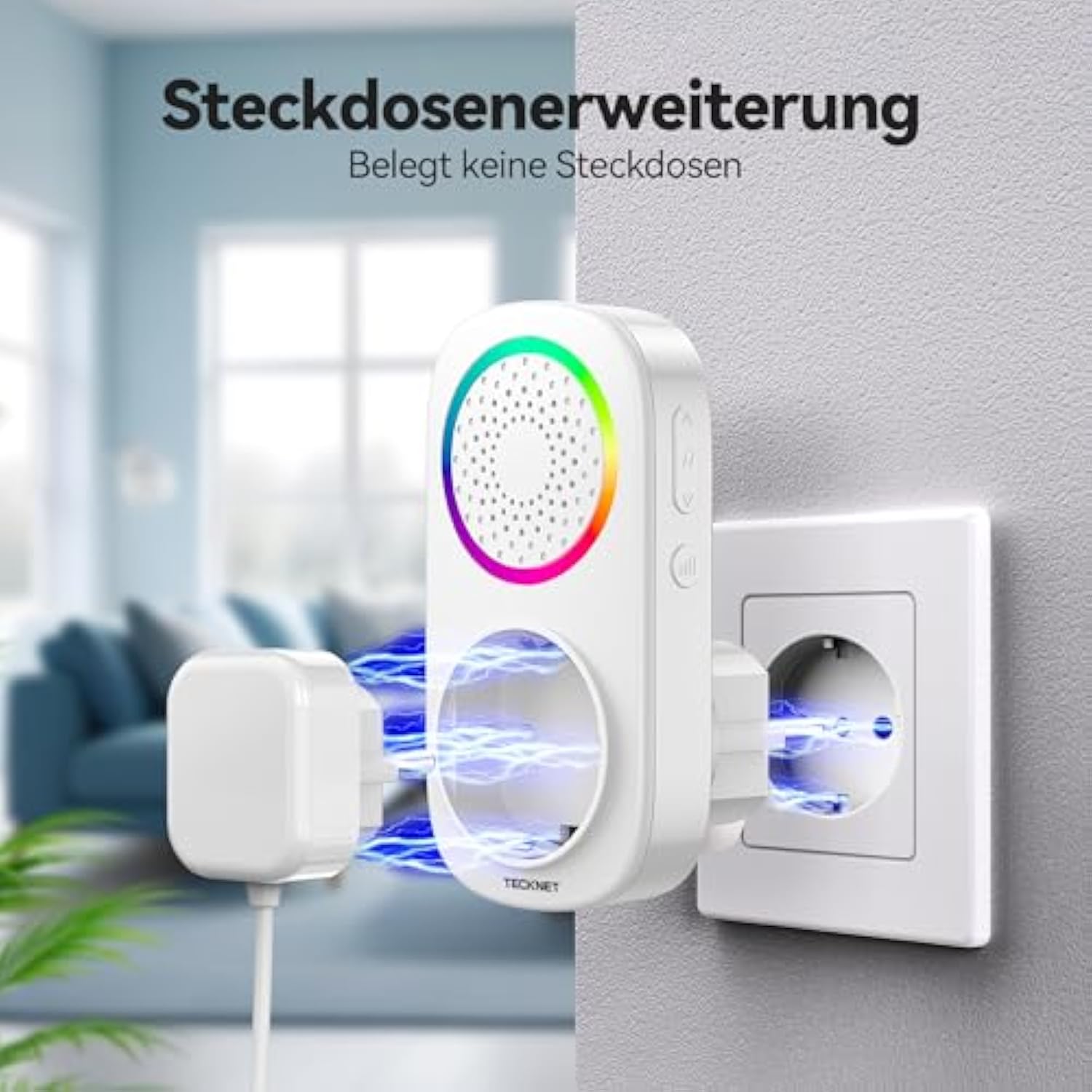 TECKNET Funkklingel Batterielose, IP65 Wasserdicht Funk Türklingel Set, Haustürklingel mit Plug-In-Empfänger