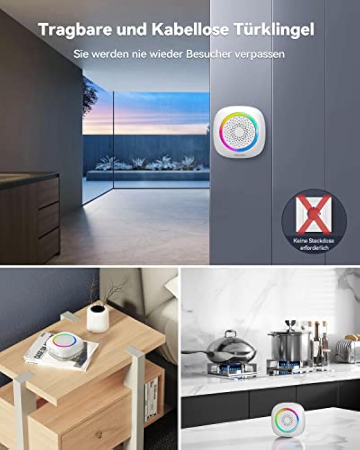 TECKNET Funkklingel 2 Empfänger 2 Sender, Kabellose Türklingel Batteriebetrieben mit RGB Licht