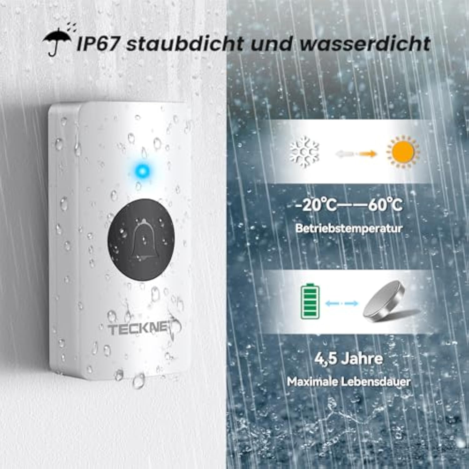 TECKNET Funkklingel, 400m Reichweite IP67 Funkklingel aussen wasserdicht, Funkklingel Batteriebetrieben mit 2 Empfängern