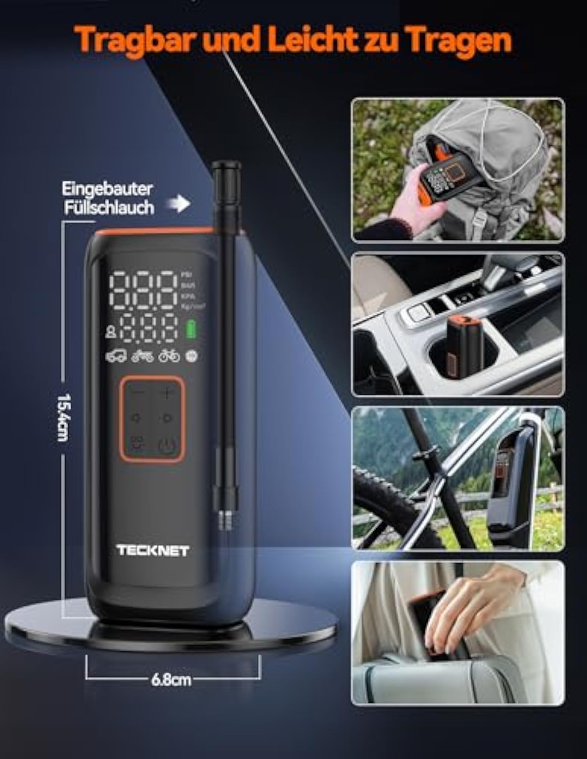 TECKNET Akku Kompressor 6000mAh, Elektrische Luftpumpe 150 PSI