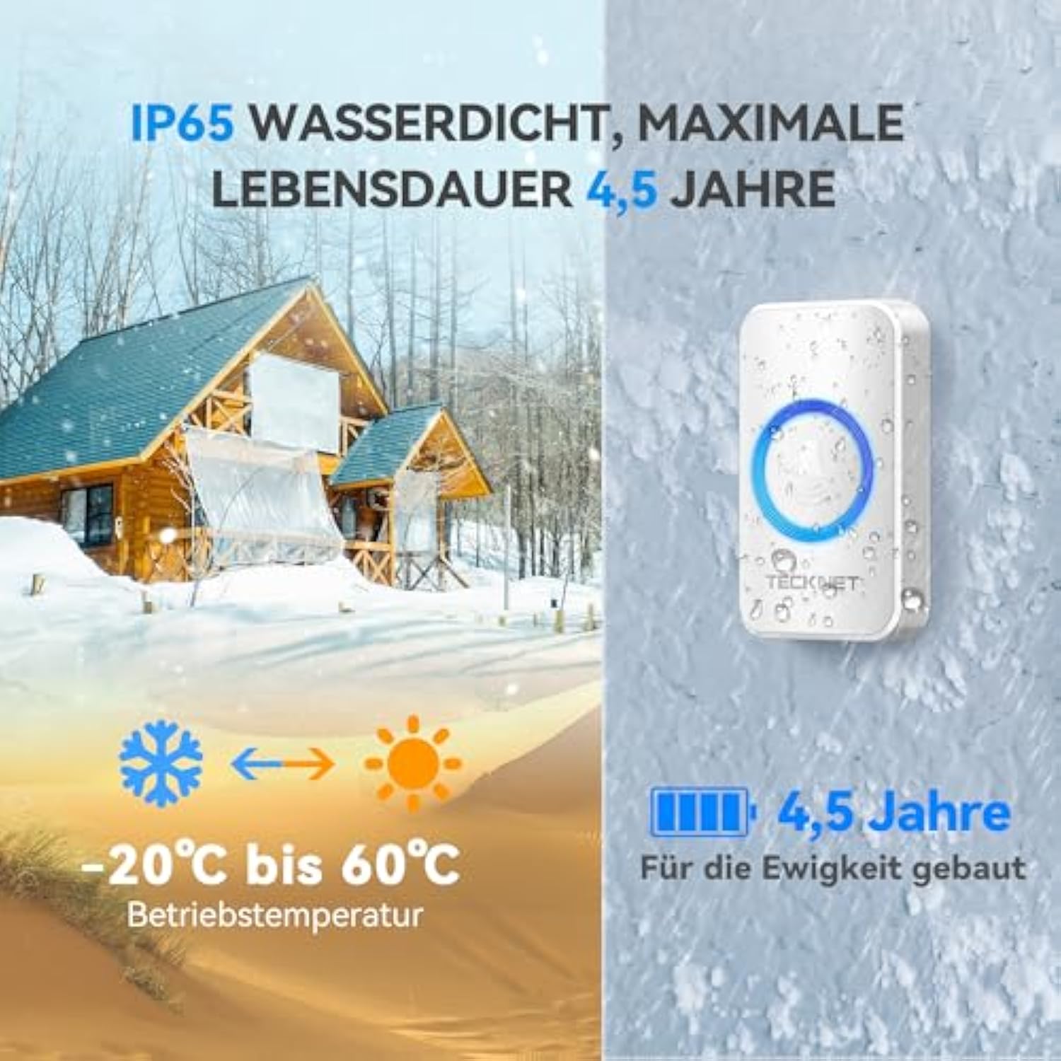 TECKNET Funkklingel, Kabellose Türklingel 400m Reichweite, IP65 Funk klingel Set Aussen Wasserdicht Haustür Klingel, 2 Sender 2 Empfänger