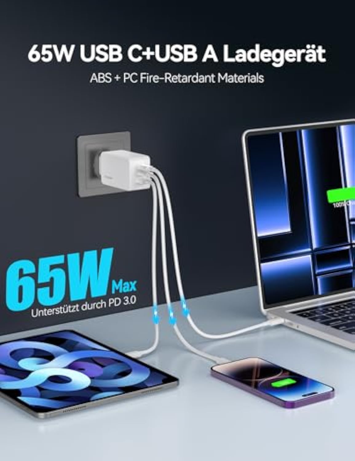 TECKNET USB C Ladegerät 65W 3-Port PPS Schnellladegerät