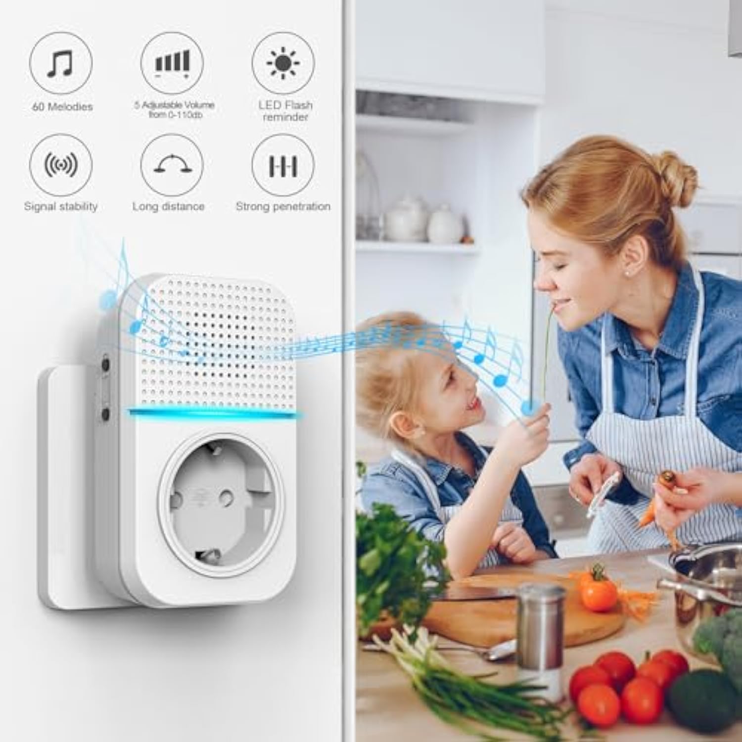 TECKNET Kabellose Türklingel Batterielose, Steckdosen-Funkklingel Wasserdicht Drahtloses Funk Türklingel mit 3 EU-Steckdose und 1 Sender