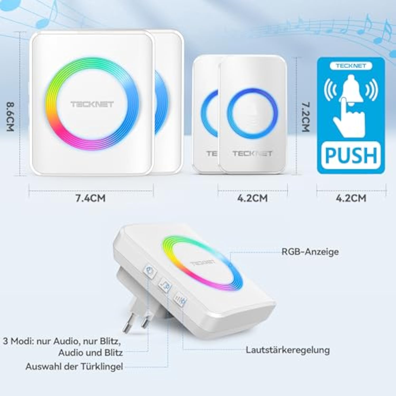 TECKNET Funkklingel, Kabellose Türklingel 400m Reichweite, IP65 Funk klingel Set Aussen Wasserdicht Haustür Klingel, 2 Sender 2 Empfänger