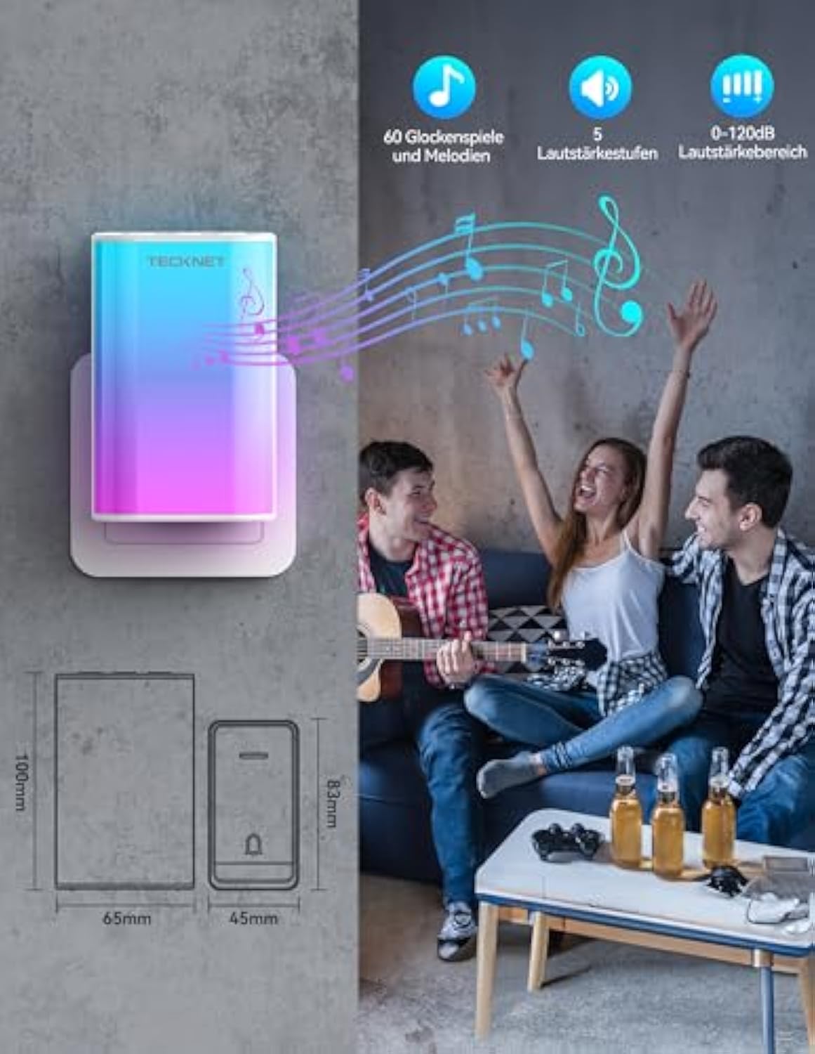 TECKNET Türklingel Batterielose, Steckdosen-Funkklingel mit EU-Steckdose und RGB Licht