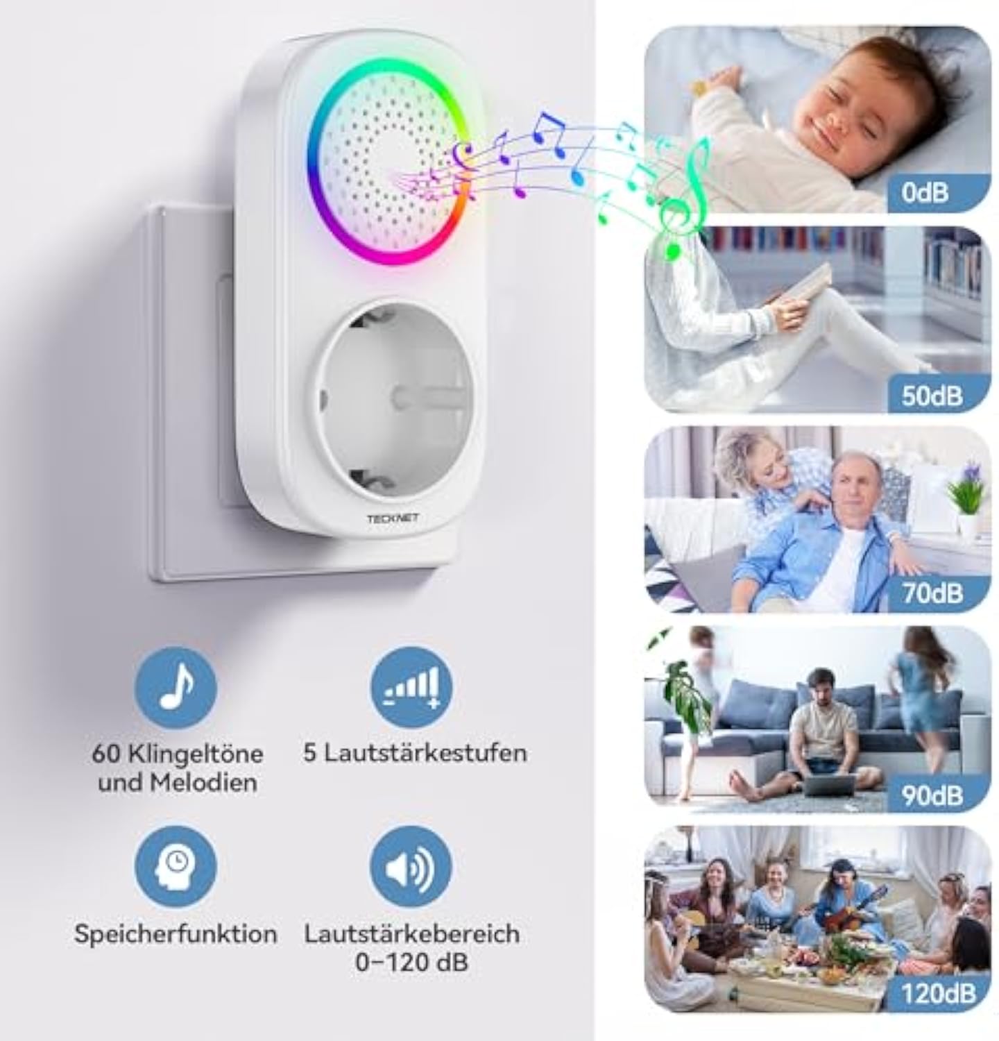 TECKNET Funkklingel Batterielose, IP65 Wasserdicht Funk Türklingel Set, Haustürklingel mit Plug-In-Empfänger