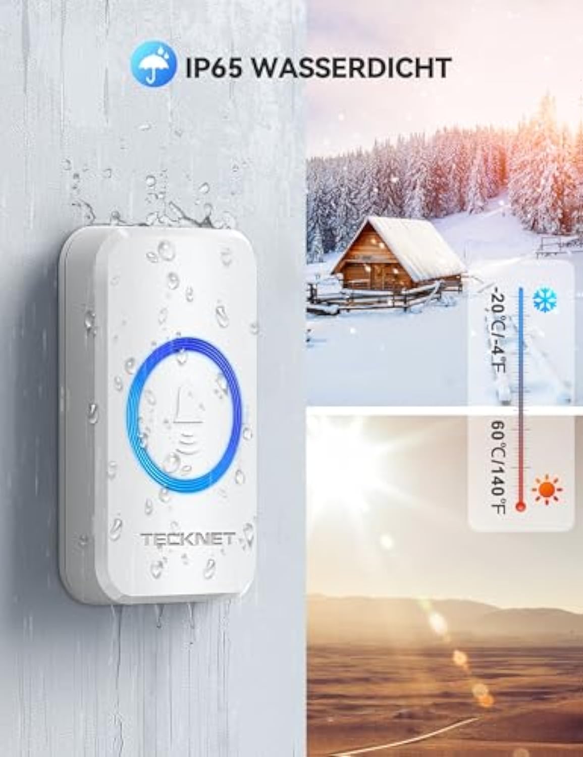 TECKNET Funkklingel, Kabellose Türklingel IP65 Wasserdicht Außen Funkklingel