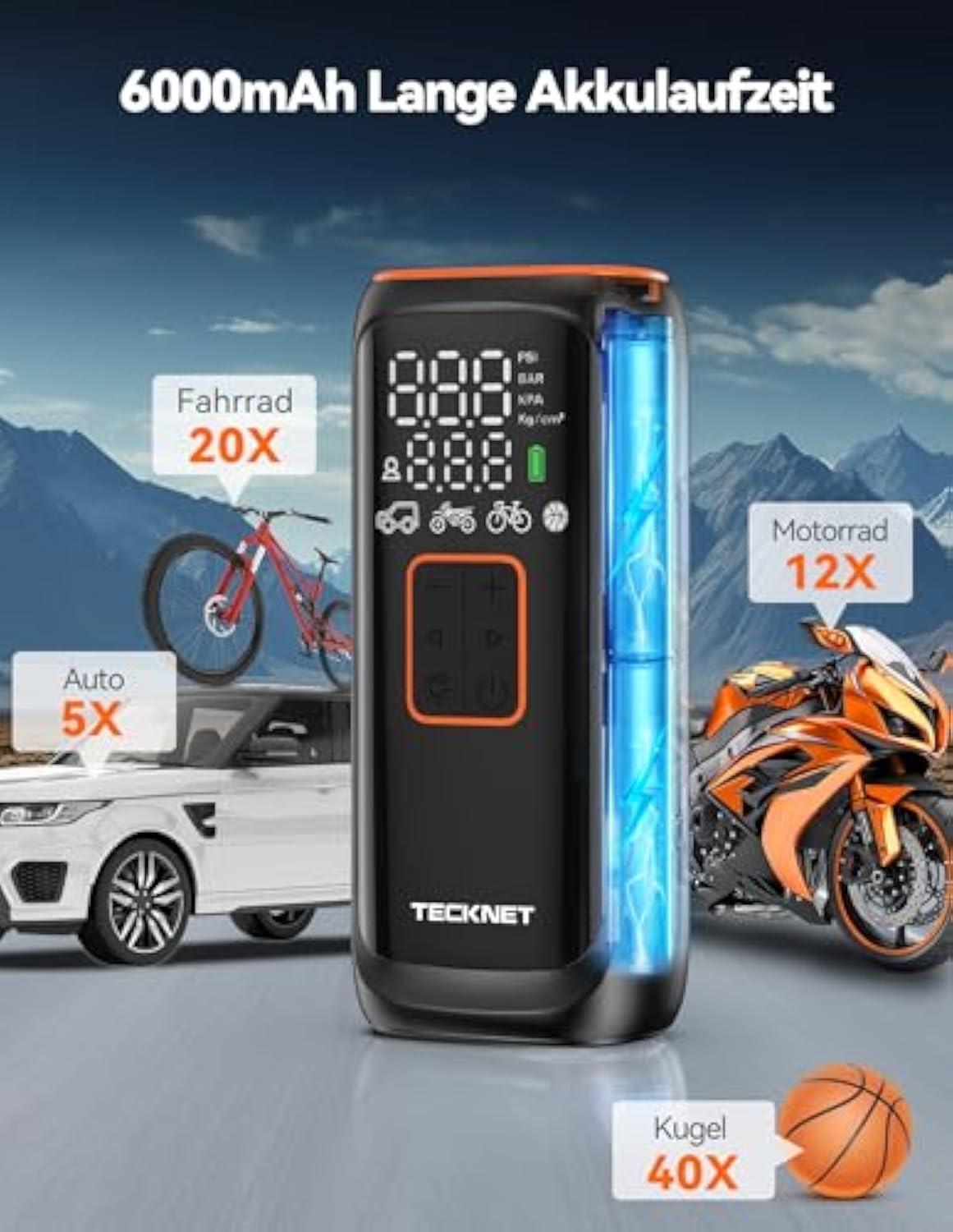 TECKNET Akku Kompressor 6000mAh, Elektrische Luftpumpe 150 PSI