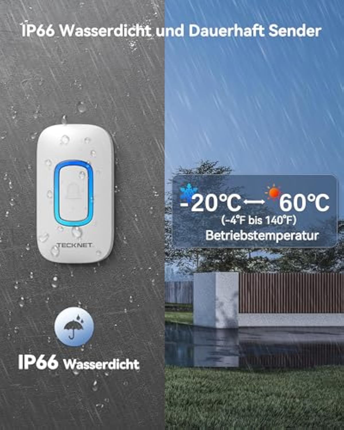 TECKNET Funkklingel 2 Empfänger 2 Sender, Kabellose Türklingel Batteriebetrieben mit RGB Licht