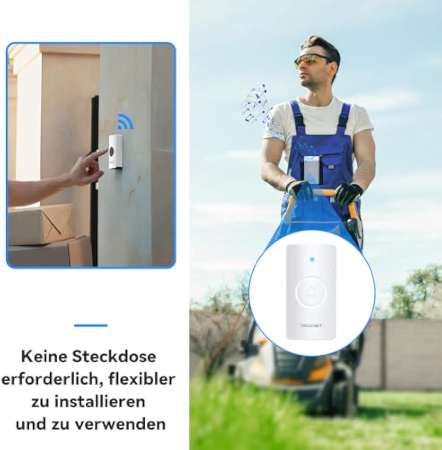 TECKNET Funkklingel, 400m Reichweite IP67 Funkklingel aussen wasserdicht, Funkklingel Batteriebetrieben mit 2 Empfängern