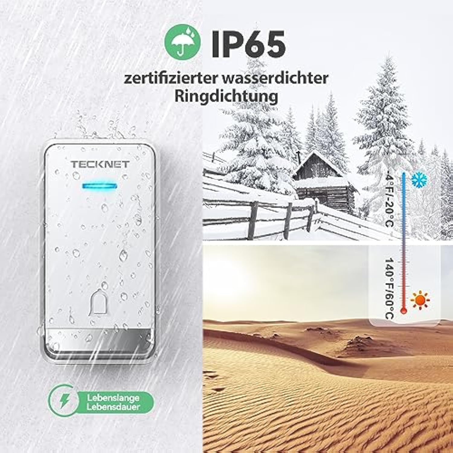 TECKNET Funkklingel Batterielose, Steckdosen Kabellose Türklingel, IP65 Wasserdicht Drahtloses Funk Türklingel mit 2 EU-Steckdose und USB