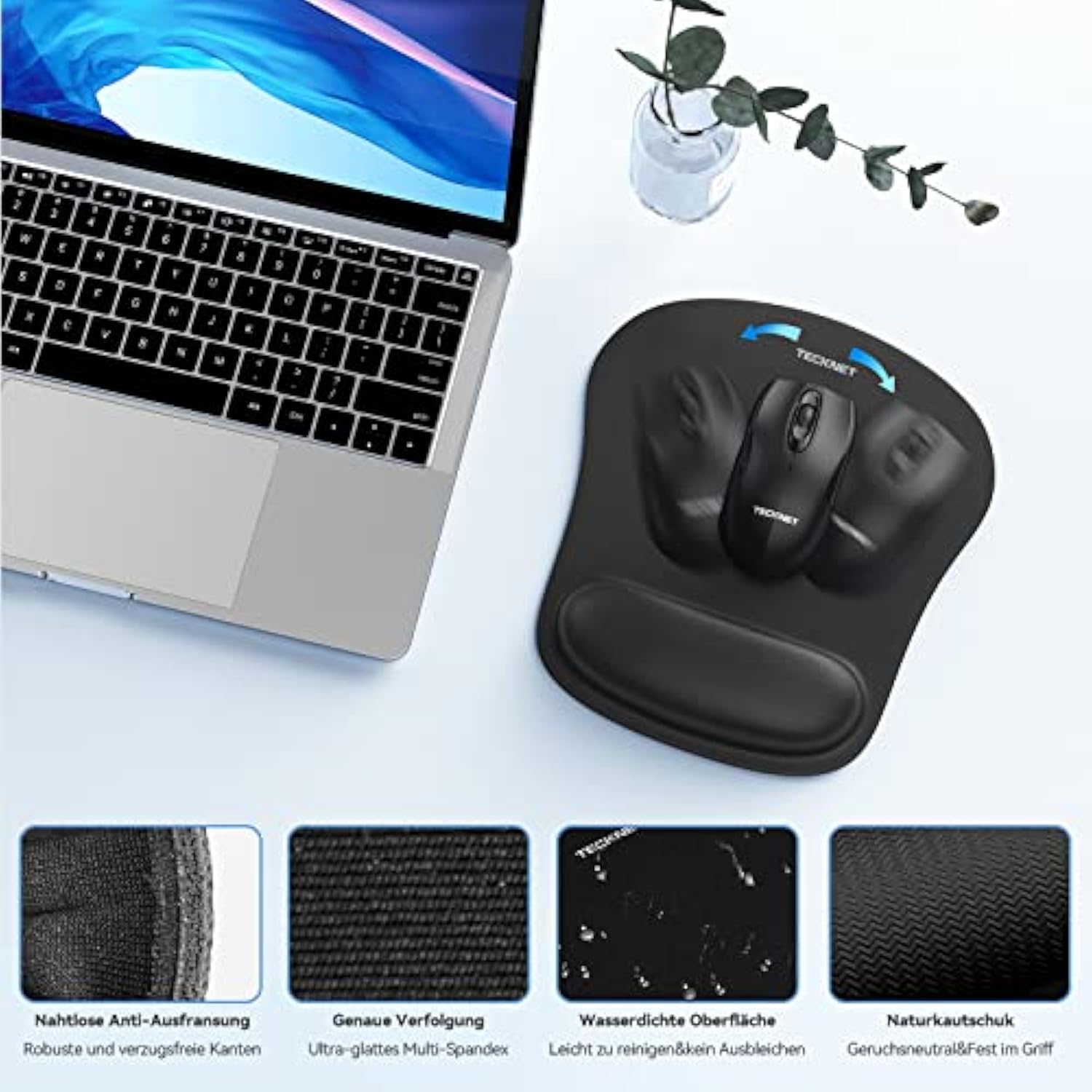 TECKNET Mauspad mit Handauflage, Gelkissen Mousepad und Ergonomische Memory Foam Tastatur Handgelenkauflage Set