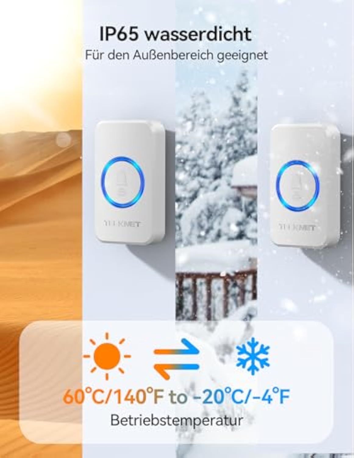 TECKNET Funkklingel, IP65 Funk klingel Set Aussen Wasserdicht, Kabellose Türklingel 600M Reichweite, Haustür Klingel kit mit 1 Plug-In-Empfänger und 2 Sender