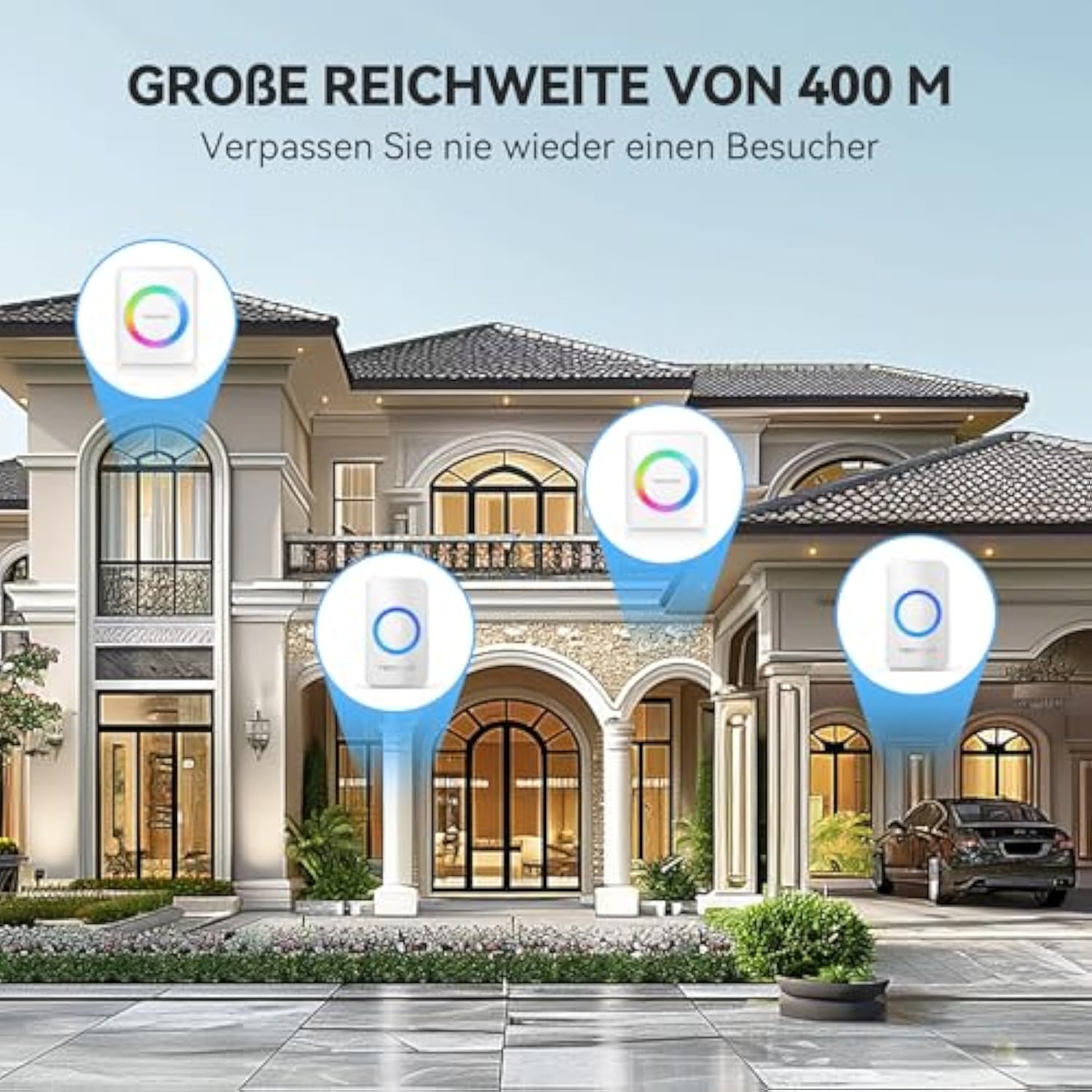 TECKNET Funkklingel, Kabellose Türklingel 400m Reichweite, IP65 Funk klingel Set Aussen Wasserdicht Haustür Klingel, 2 Sender 2 Empfänger