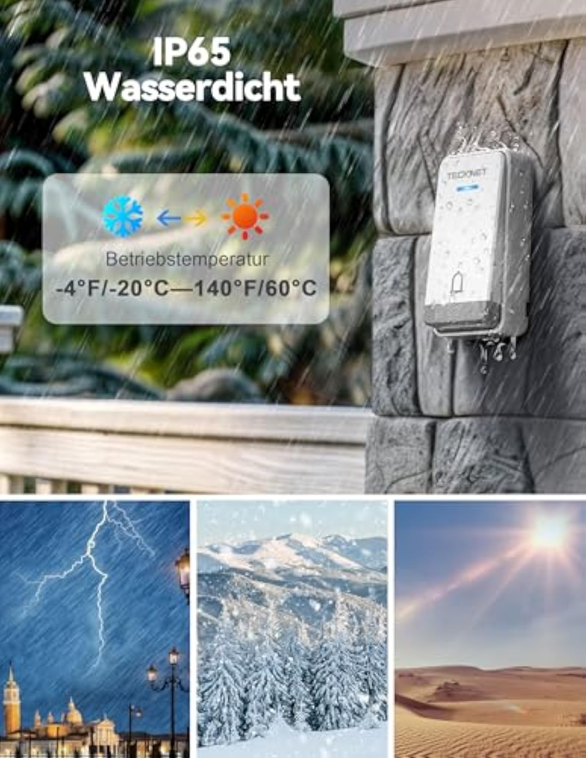 TECKNET Türklingel Batterielose, Steckdosen-Funkklingel mit EU-Steckdose und RGB Licht