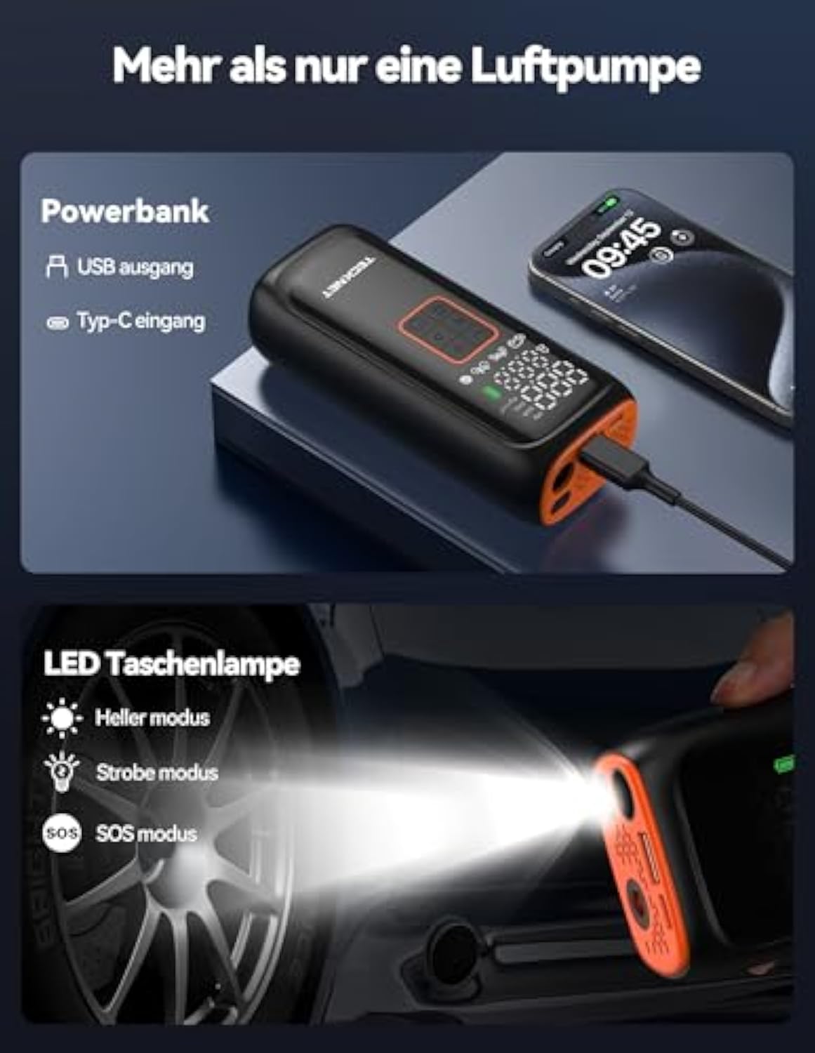 TECKNET Akku Kompressor 6000mAh, Elektrische Luftpumpe 150 PSI