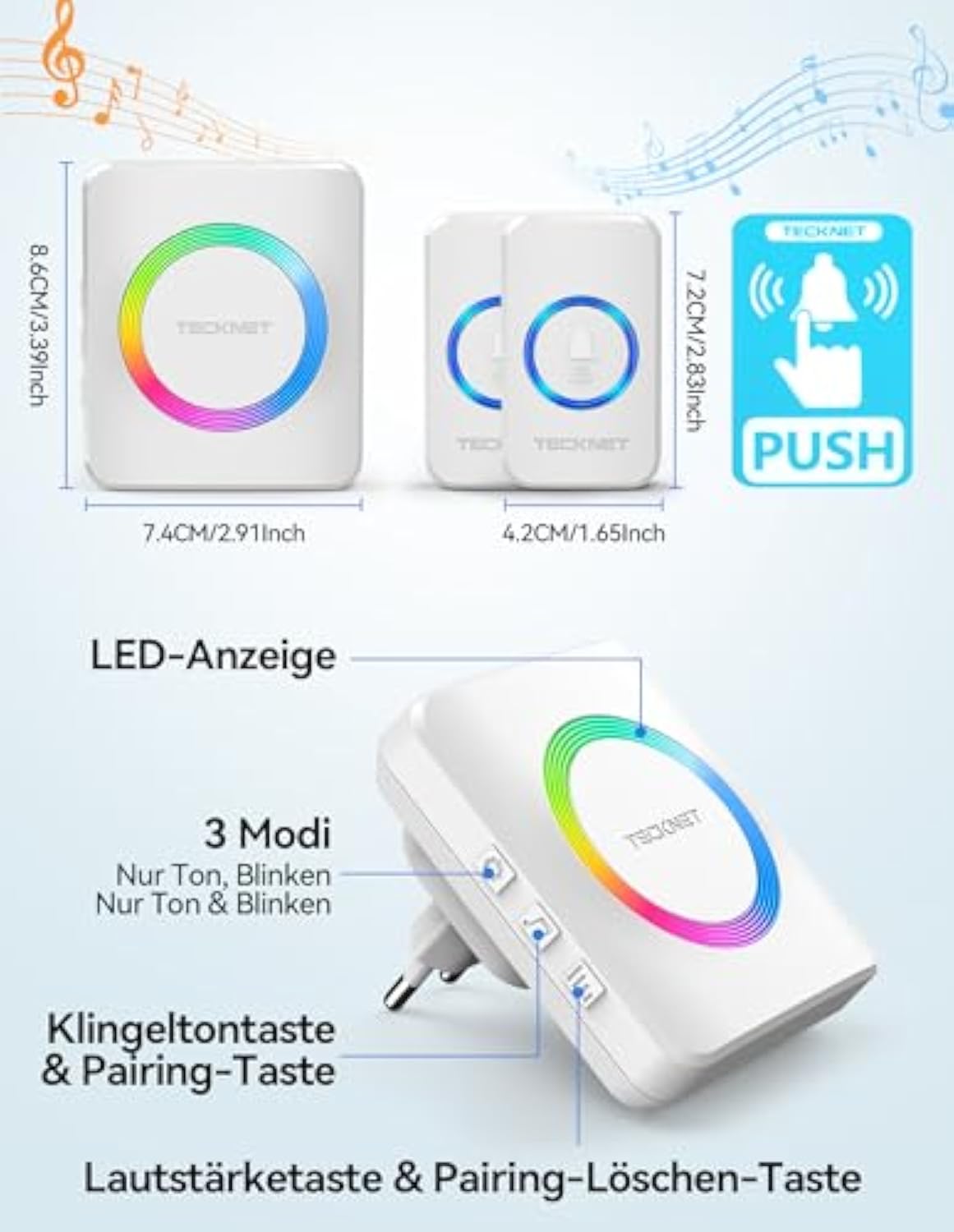 TECKNET Funkklingel, IP65 Funk klingel Set Aussen Wasserdicht, Kabellose Türklingel 600M Reichweite, Haustür Klingel kit mit 1 Plug-In-Empfänger und 2 Sender