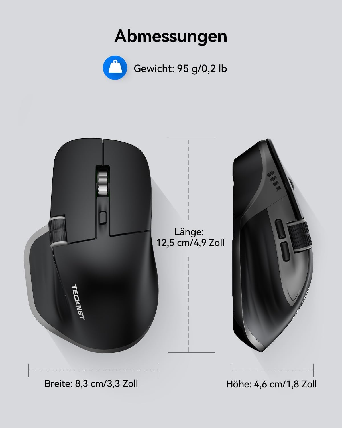 TECKNET Bluetooth kabellose Maus(BT 5.0/5.0+2,4G), Seitliches Mausrad, Superschnelles Scrollen, Wiederaufladbare Ergonomische, Maus Silent Mouse 4800 DPI, 7 Tasten