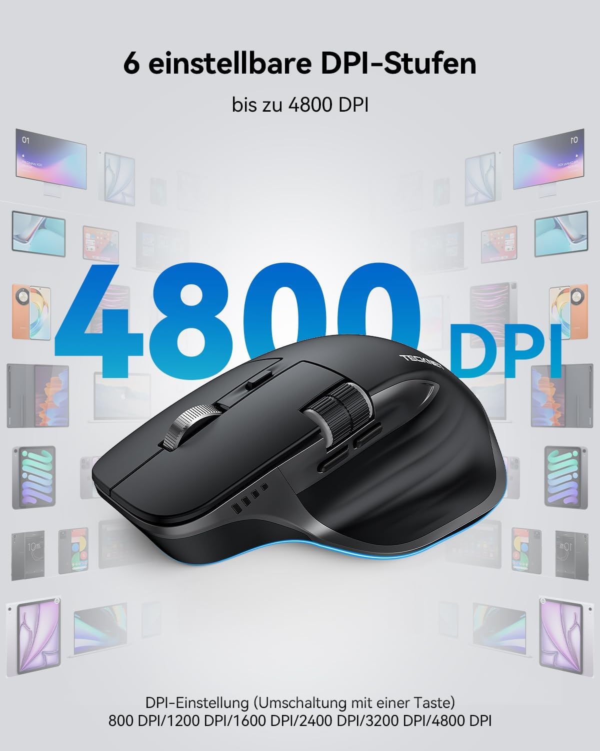 TECKNET Bluetooth kabellose Maus(BT 5.0/5.0+2,4G), Seitliches Mausrad, Superschnelles Scrollen, Wiederaufladbare Ergonomische, Maus Silent Mouse 4800 DPI, 7 Tasten