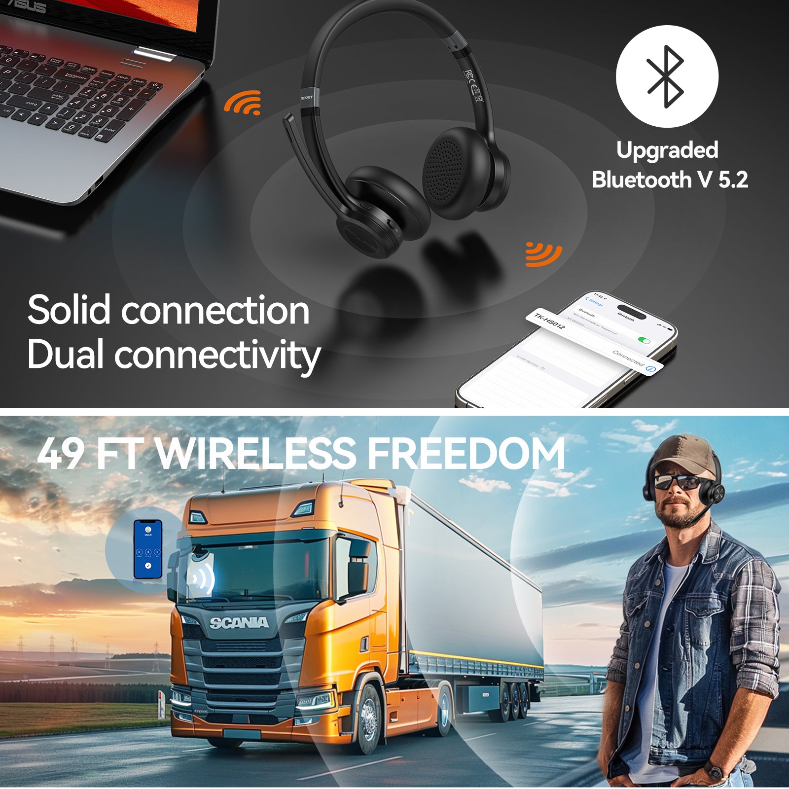 TECKNET V5.2 Bluetooth Headset mit Mikrofon