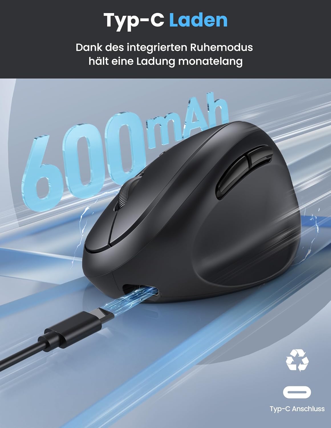TECKNET Ergonomische Maus Bluetooth, Wiederaufladbar Maus Kabellos mit 3 Gerät (BT 5.0/3.0 + 2.4G)