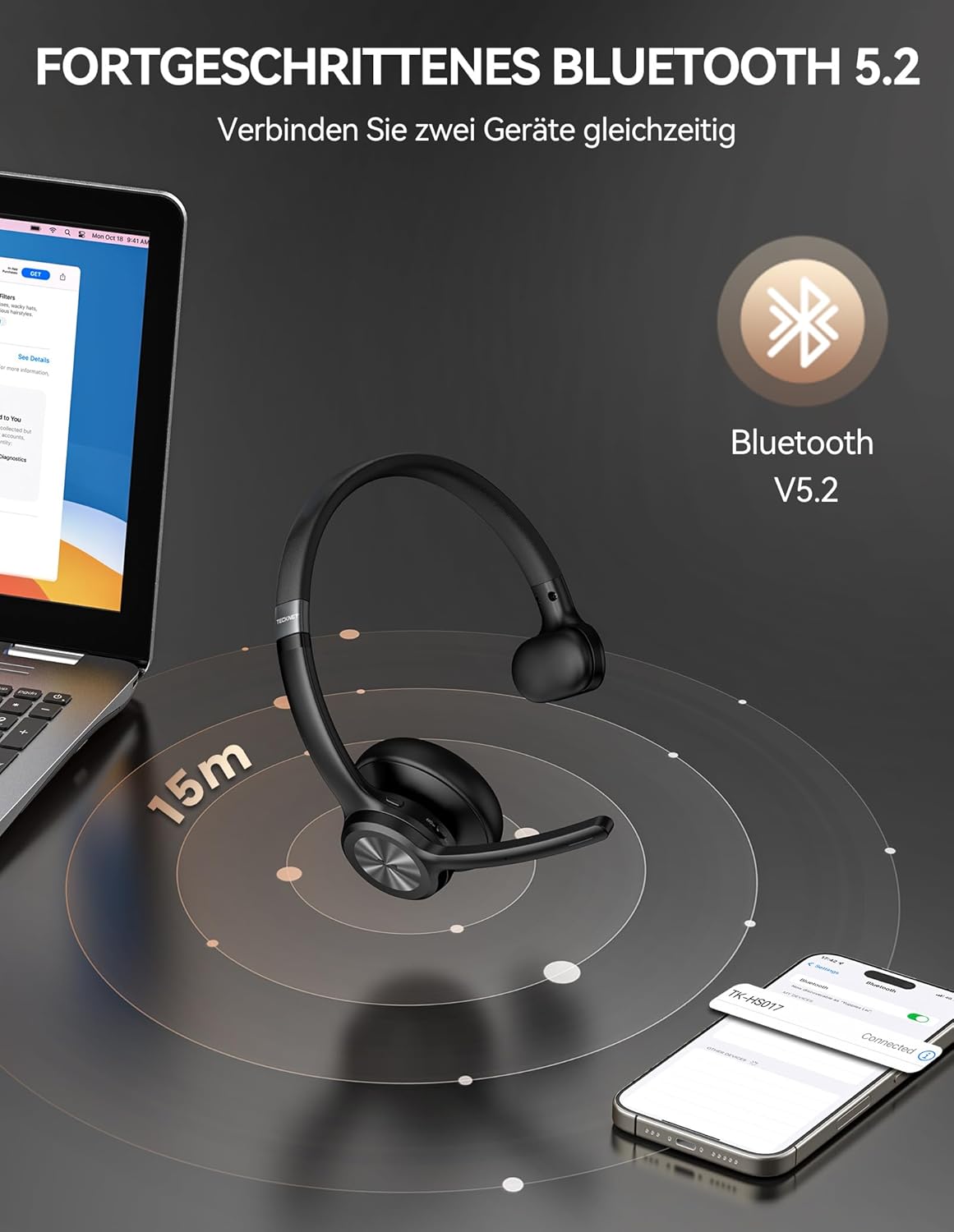 TECKNET Bluetooth Headset mit Mikrofon