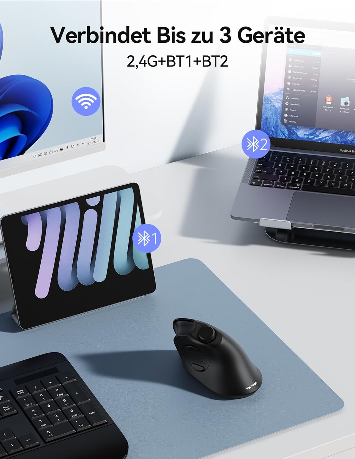 TECKNET Vertikale Ergonomische Maus Kabellos mit Lautstärkeregler