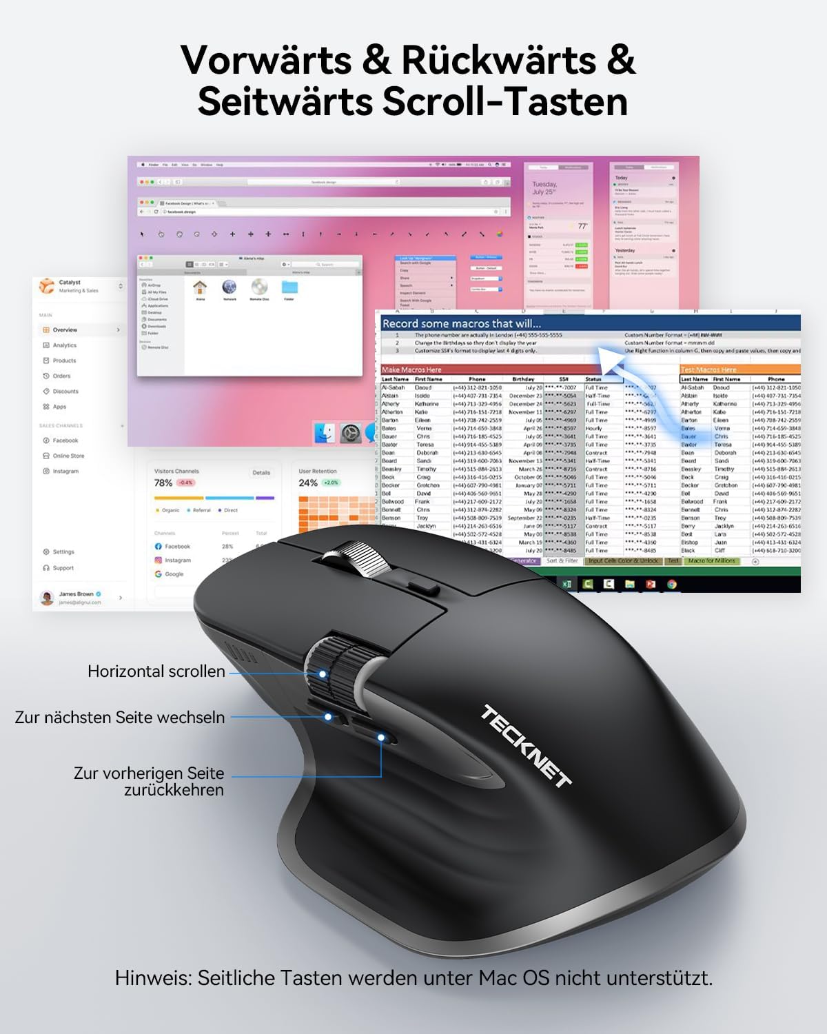 TECKNET Bluetooth kabellose Maus(BT 5.0/5.0+2,4G), Seitliches Mausrad, Superschnelles Scrollen, Wiederaufladbare Ergonomische, Maus Silent Mouse 4800 DPI, 7 Tasten
