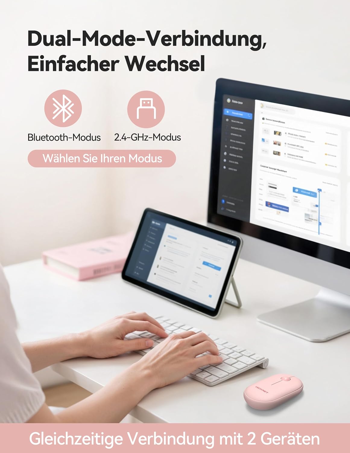 TECKNET Bluetooth Maus, Maus Kabellos (DREI Modi: BT 5.0/3.0 + 2.4G)