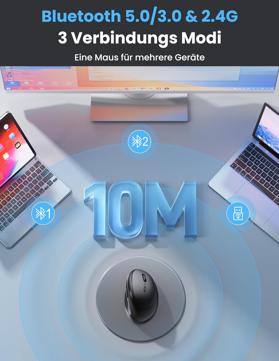 TECKNET Ergonomische Maus Bluetooth, Wiederaufladbar Maus Kabellos mit 3 Gerät (BT 5.0/3.0 + 2.4G)