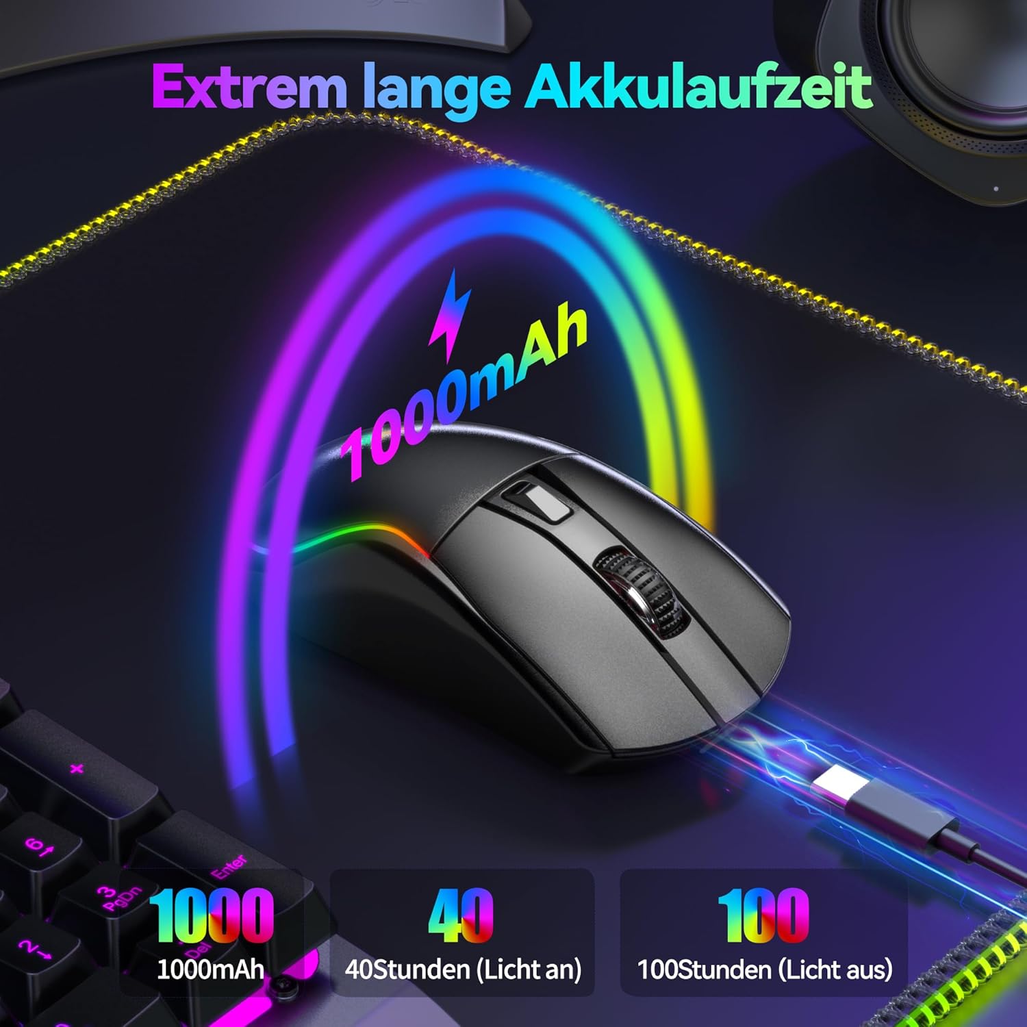 TECKNET Gaming Maus Kabellos, 24000 DPI mit DREI Verbindungsmodi und 6 RGB-Leuchten
