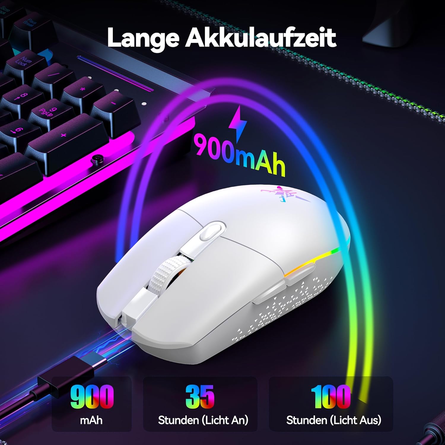 TECKNET Kabellose Gaming-Maus, RGB 2.4G/USB-C Kabelgebundene Gaming-Maus