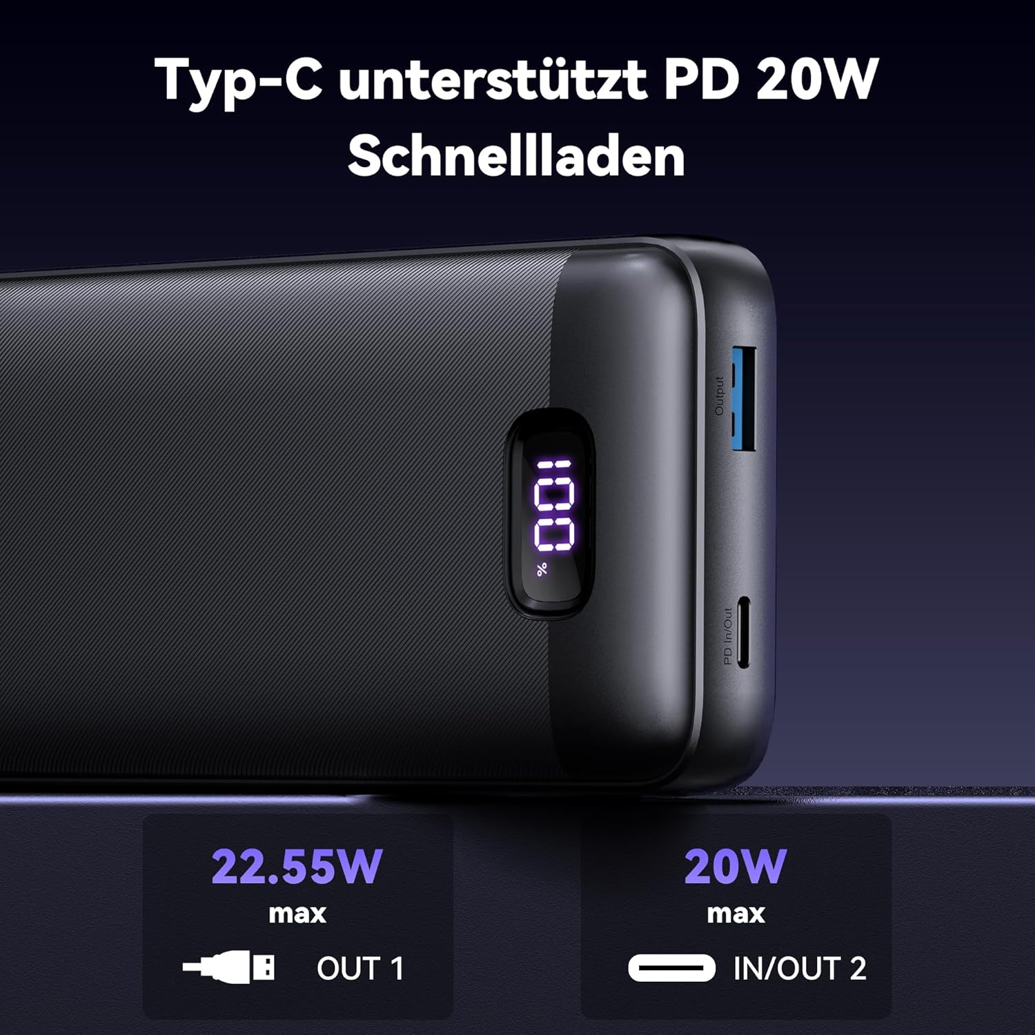 TECKNET Power Bank, 20000mAh 22,5W Schnellladefunktion Powerbank mit USB C Kabel und LED-Display