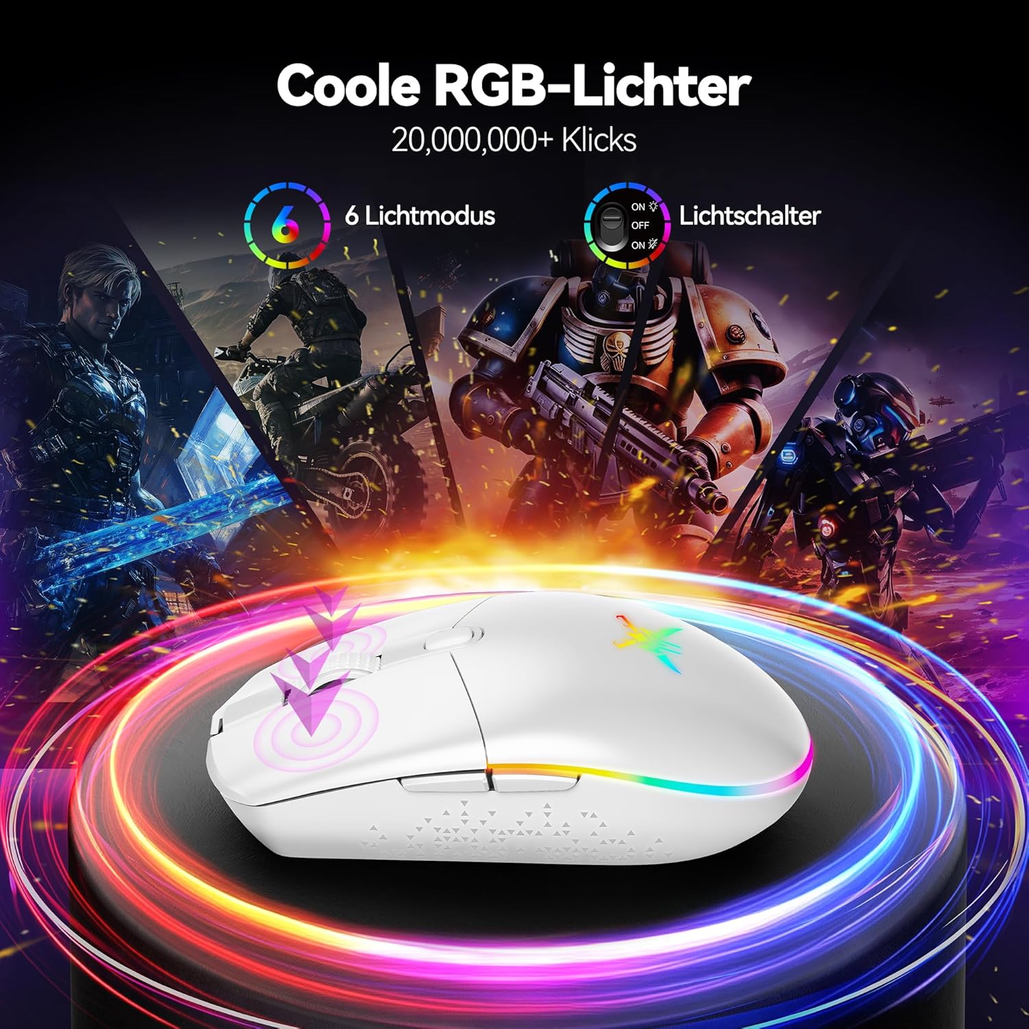 TECKNET Kabellose Gaming-Maus, RGB 2.4G/USB-C Kabelgebundene Gaming-Maus