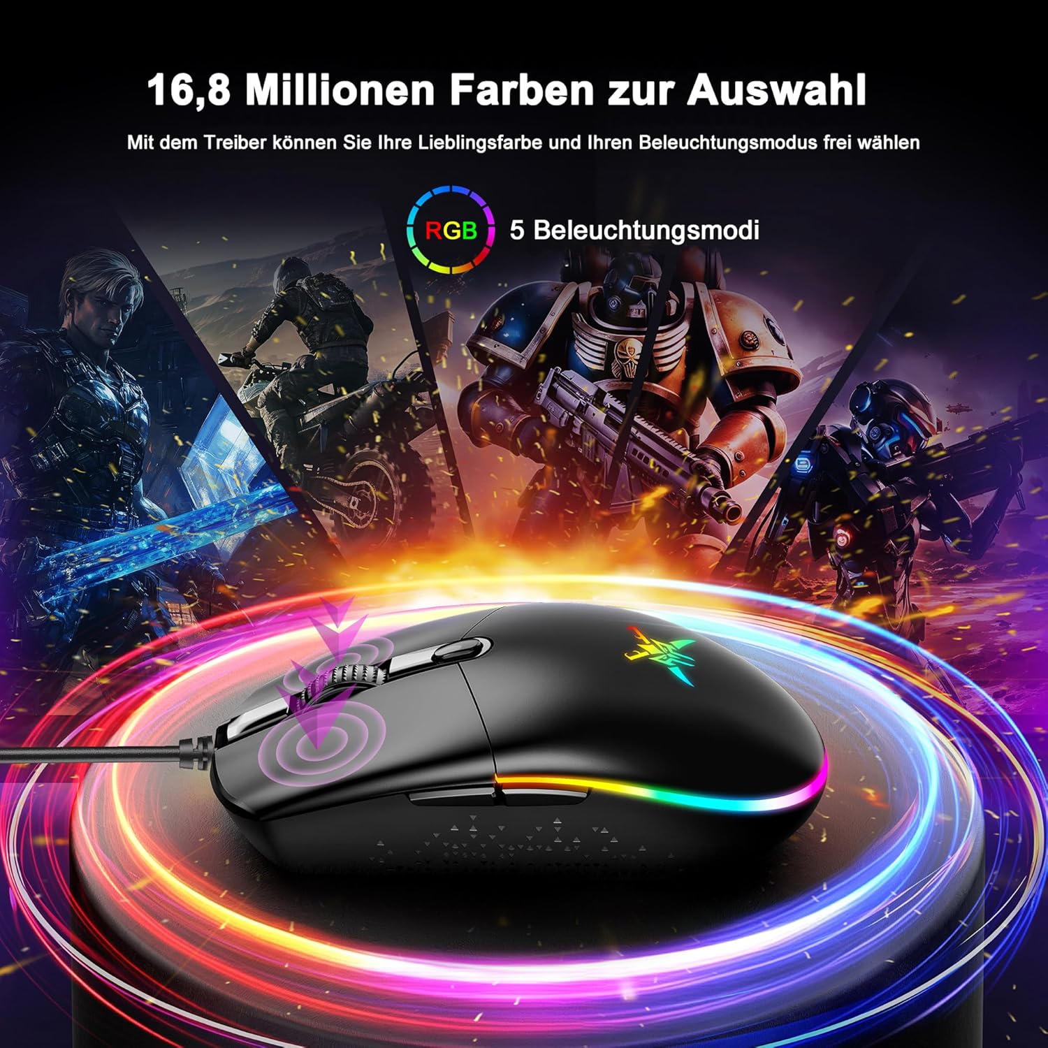 TECKNET RGB Gaming Maus mit Kabel, 10000 DPI
