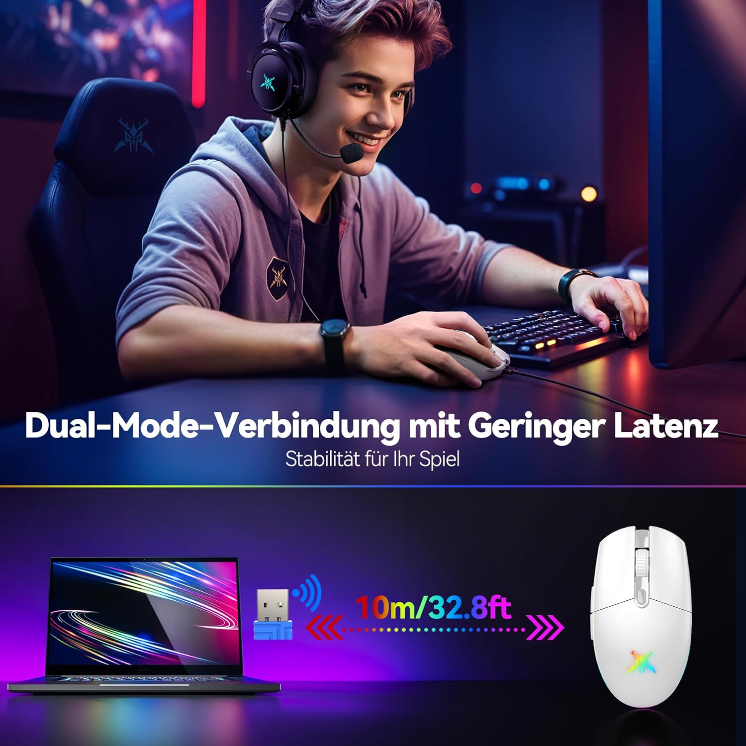 TECKNET Kabellose Gaming-Maus, RGB 2.4G/USB-C Kabelgebundene Gaming-Maus