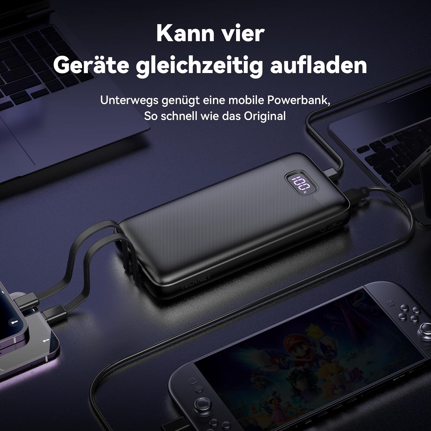 TECKNET Power Bank, 20000mAh 22,5W Schnellladefunktion Powerbank mit USB C Kabel und LED-Display