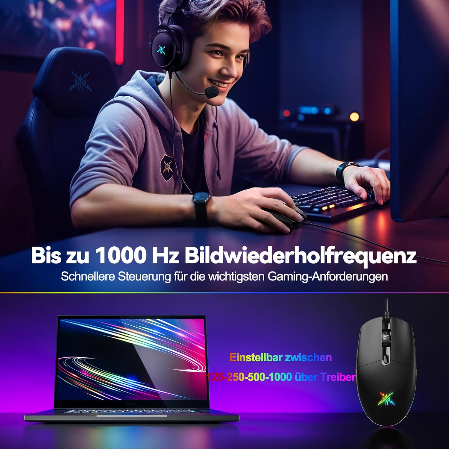 TECKNET RGB Gaming Maus mit Kabel, 10000 DPI
