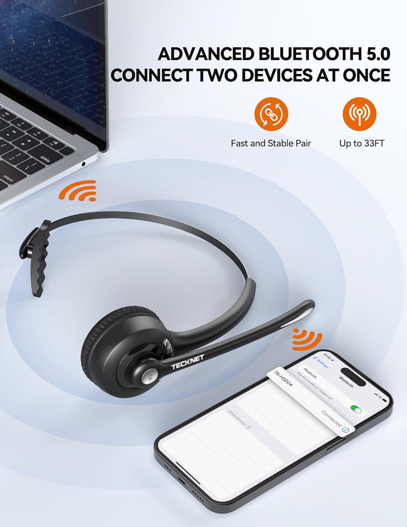 TECKNET Bluetooth Headset mit Mikrofon, kabelloses PC Headset