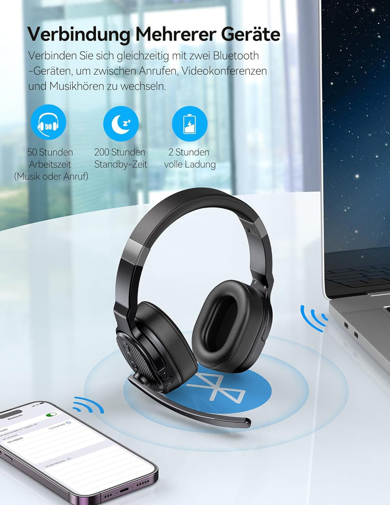 TECKNET Bluetooth Headset mit Mikrofon, Noise Cancelling Single und Dual Over Ear Headset Kabellos mit USB Dongle