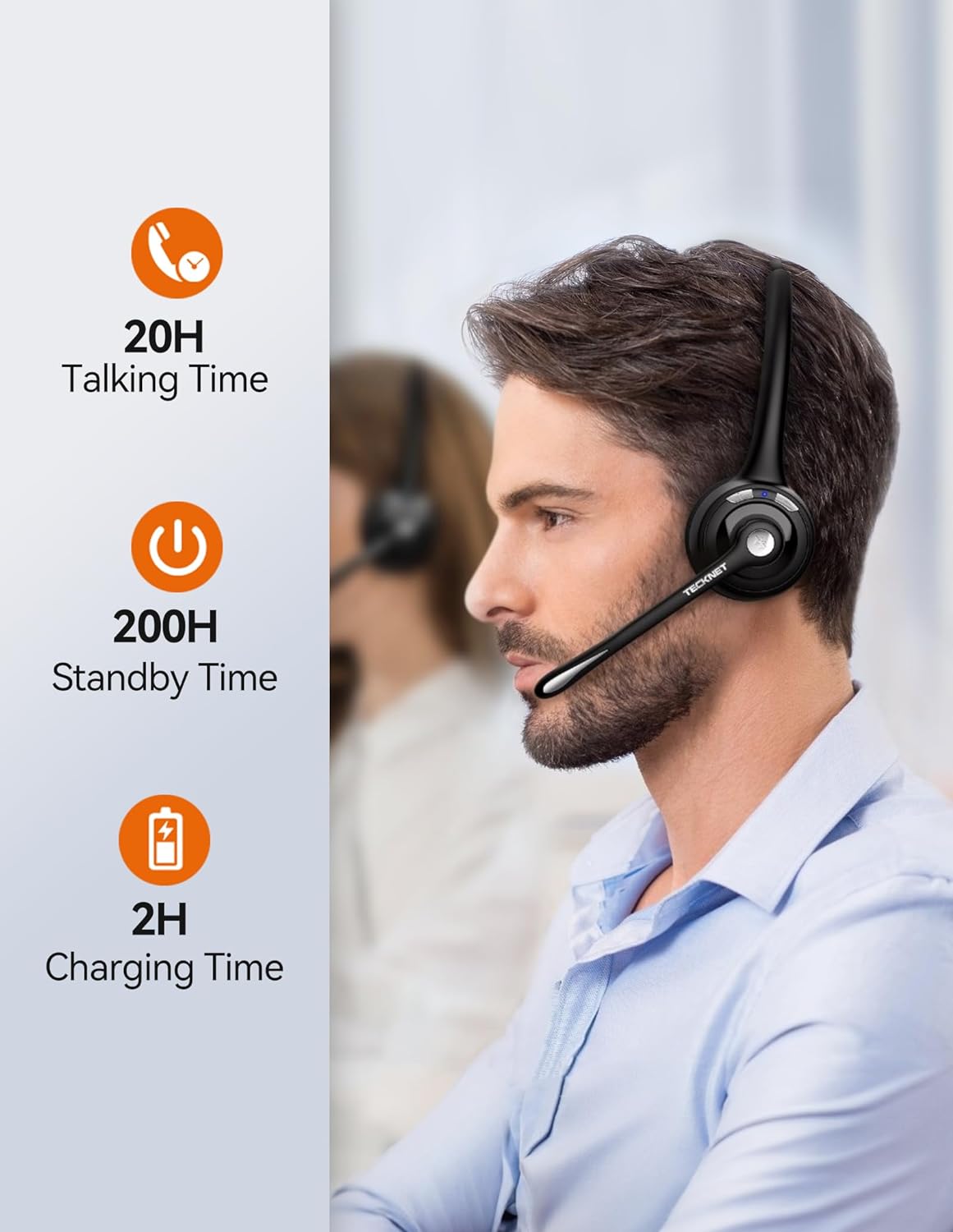 TECKNET Bluetooth Headset mit Mikrofon, kabelloses PC Headset