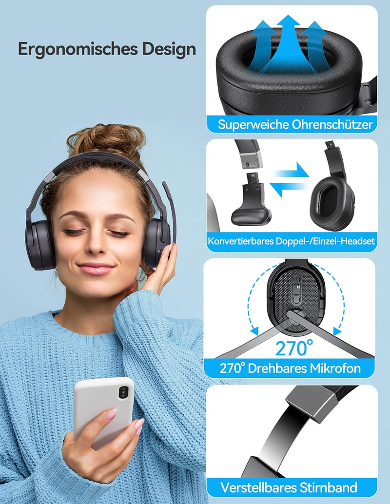 TECKNET Bluetooth Headset mit Mikrofon, Noise Cancelling Single und Dual Over Ear Headset Kabellos mit USB Dongle