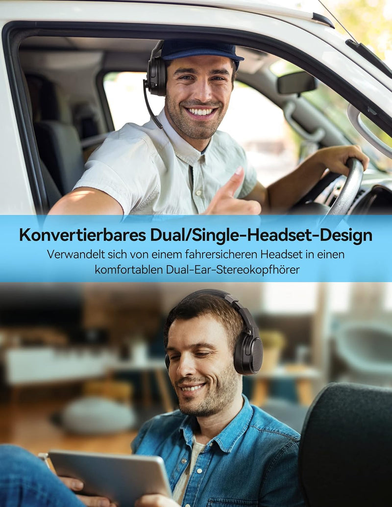 TECKNET Bluetooth Headset mit Mikrofon, Noise Cancelling Single und Dual Over Ear Headset Kabellos mit USB Dongle