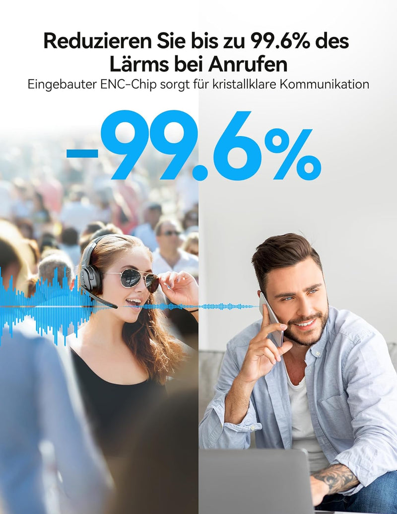 TECKNET Bluetooth Headset mit Mikrofon, Noise Cancelling Single und Dual Over Ear Headset Kabellos mit USB Dongle