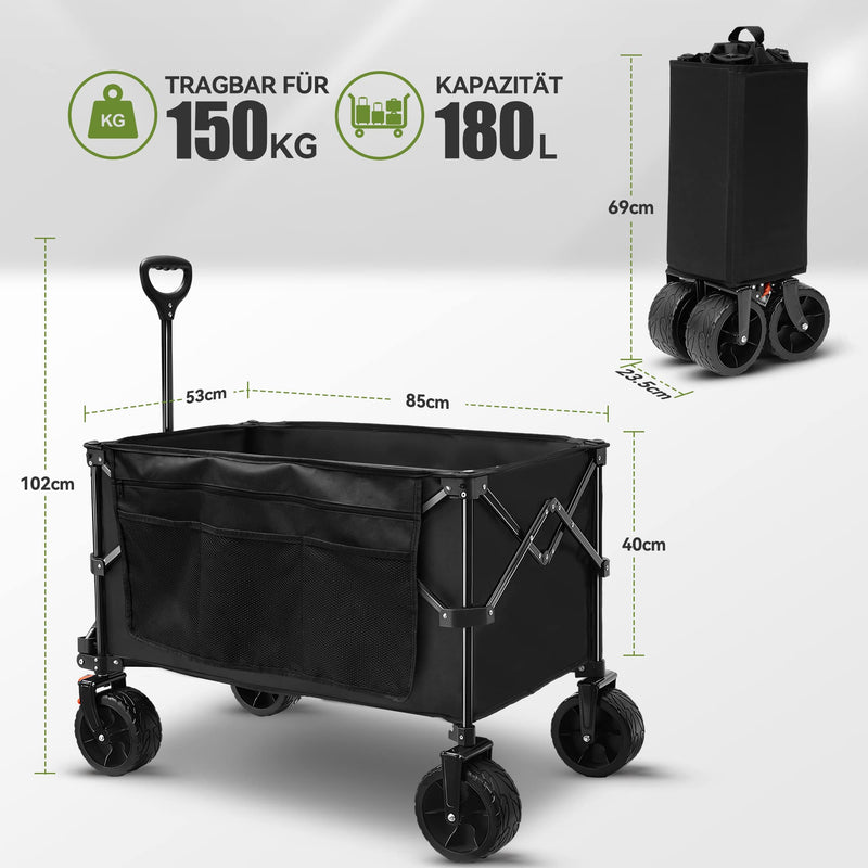 TECKNET Bollerwagen Faltbar mit Bremsen 180L/150KG