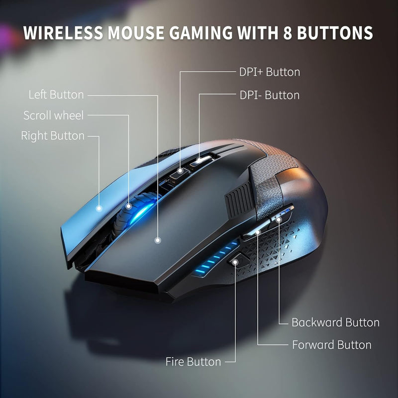 TECKNET Kabellose Gaming Maus, 2.4G Spieletauglichen Wireless Gamer Maus 8 Tasten 4800 DPI